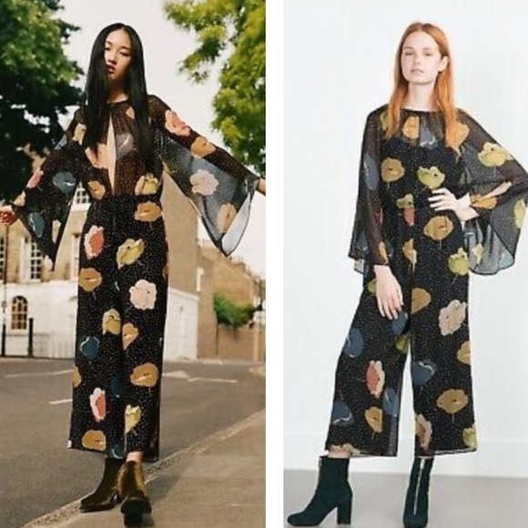 Zara Bloggers Favorite Black Bell Sleeve Wide Leg Cropped Print Jumpsuit XS - Picture 1 of 14